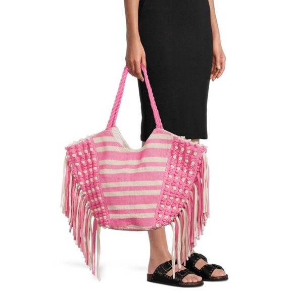 No Boundaries Handbags - NWT Pink and White Striped Fringe Tote Beach Bag
